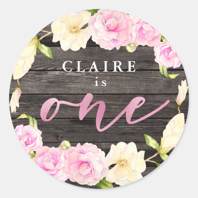 Sticker Rond Elégante Crème rose Florale 1er Anniversaire Fête  (Devant)