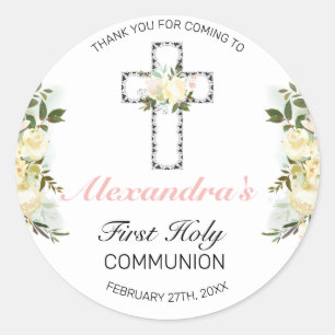Sticker Rond Élégante Croix d'argent florale Première communion