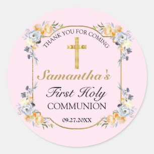 Sticker Rond Elégante Croix d'or rose Floral 1ère Sainte Commun