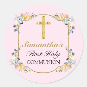 Sticker Rond Elégante Croix d'or rose Floral 1ère Sainte Commun