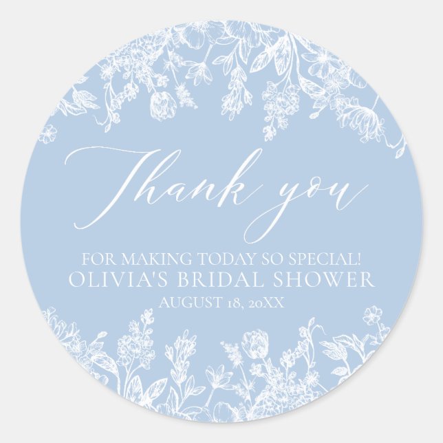 Sticker Rond Élégante Douche de Mariée Fleurie Bleu Poussière B (Devant)