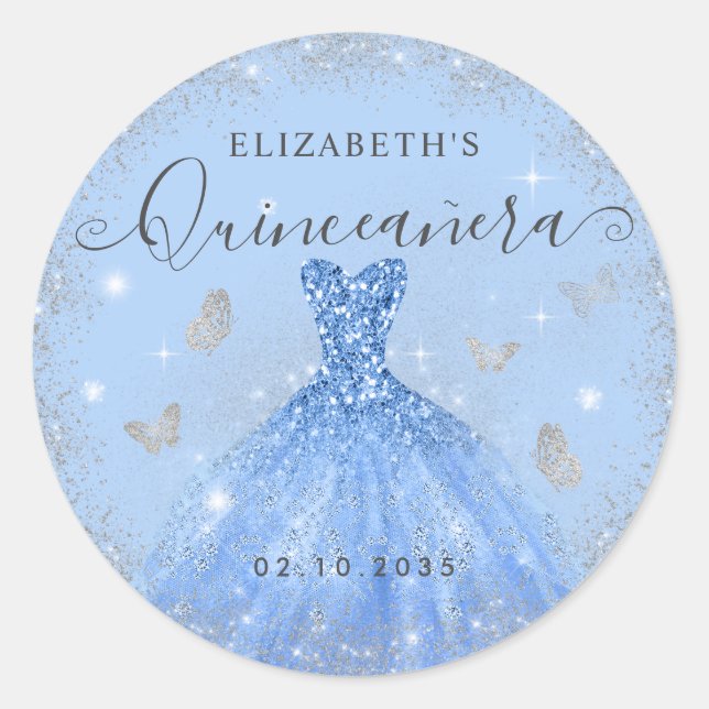 Sticker Rond Elégante Dusty Blue Silver Parties scintillant Gow (Devant)