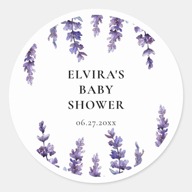 Sticker Rond Elégante enveloppe de Baby shower de lavande flora (Devant)