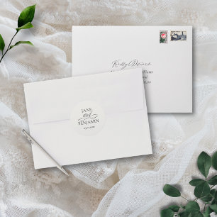 Sticker Rond Élégante enveloppe Mariage simple en noir et blanc