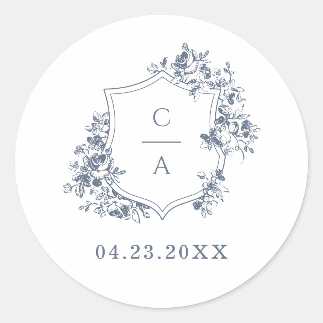 Sticker Rond Élégante enveloppe Rose Bleue Botanique Crest (Devant)