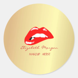Sticker Rond Élégante Fille Modérée,Faux Or,Lèvres Rouges
