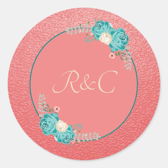 Sticker Rond Elégante Fleurs Bleues Corail (Devant)