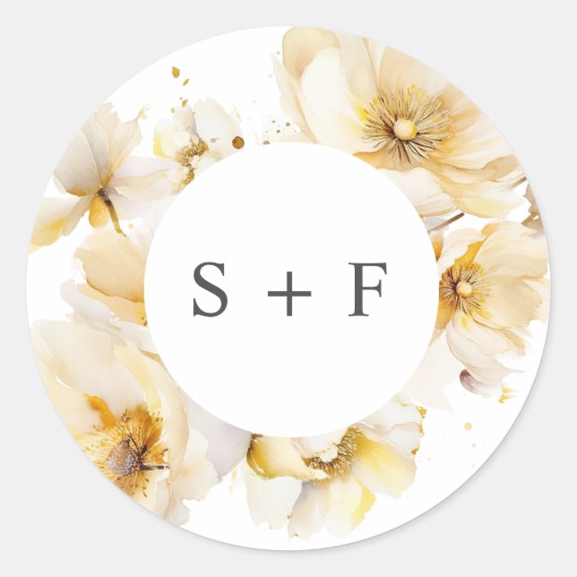 Sticker Rond Élégante Fleurs d'or blanc Initiales Mariage (Devant)