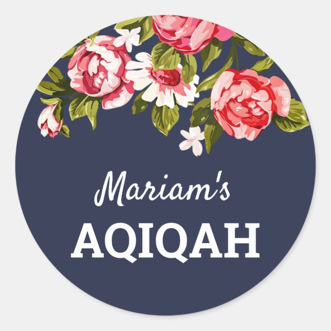 Sticker Rond Élégante Floral Midnight Blue Baby Girl Aqiqah (Devant)