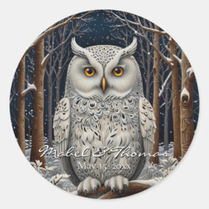 Sticker Rond Élégante forêt d'hiver de chouette blanche boho