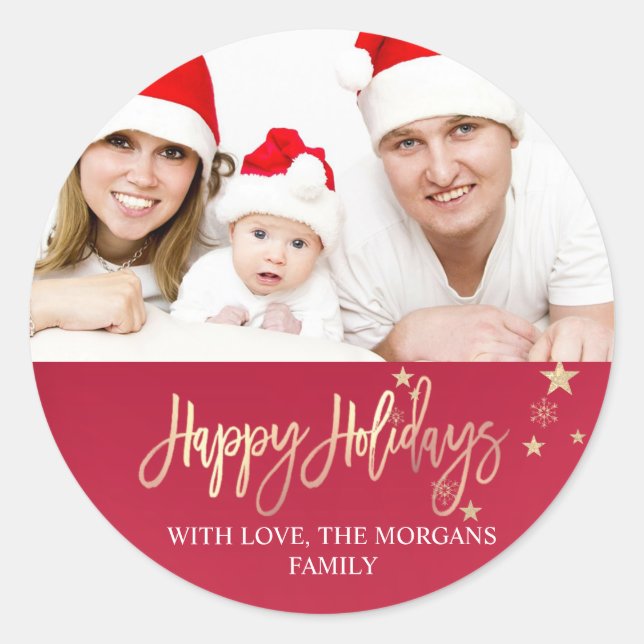 Sticker Rond Elégante Gold Stars Rouge Photo Joyeux Noël (Devant)