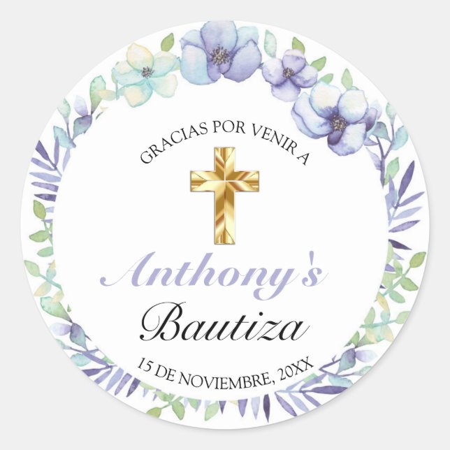Sticker Rond Elegante Lavanda Cruz De Oro Bautizo Bebé (Devant)