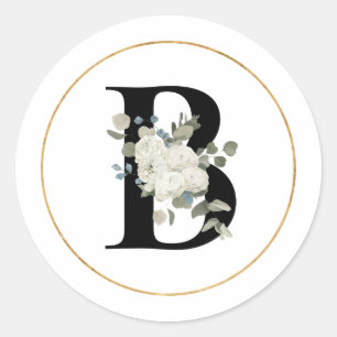 Sticker Rond Élégante lettre de monogramme floral blanc B sur b