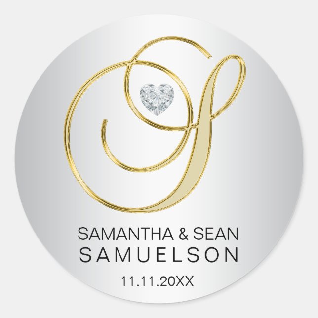 Sticker Rond Élégante lettre d'or d'argent "S" Mariage monogram (Devant)