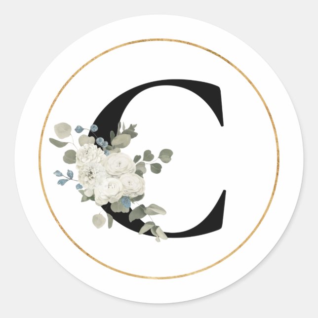 Sticker Rond Élégante lettre Florale blanche monogramme C sur b (Devant)