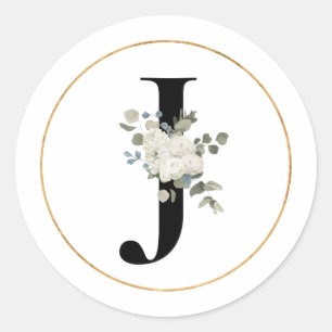 Sticker Rond Élégante lettre Florale blanche monogramme J sur b