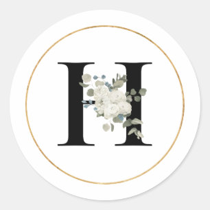 Sticker Rond Élégante lettre H florale blanche sur blanc