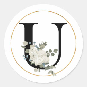 Sticker Rond Élégante lettre U florale blanche sur blanc