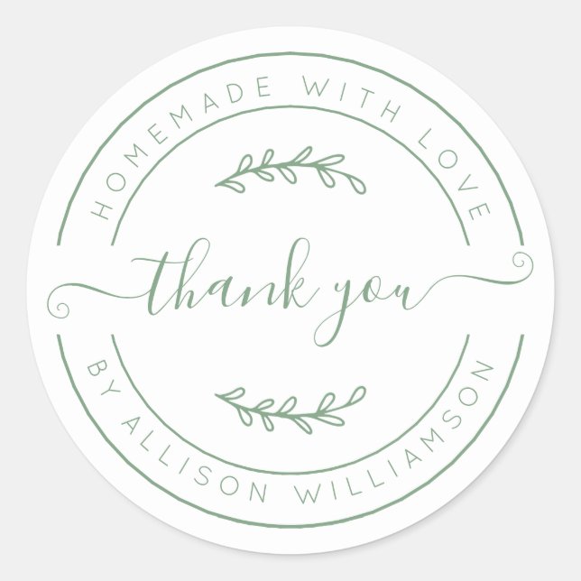 Sticker Rond Elégante Maison faite avec amour Merci blanc vert (Devant)