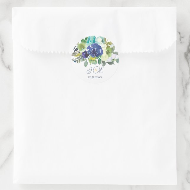 Sticker Rond Élégante Marine Blanche Roses Paraphe Monogramme n (Sac)