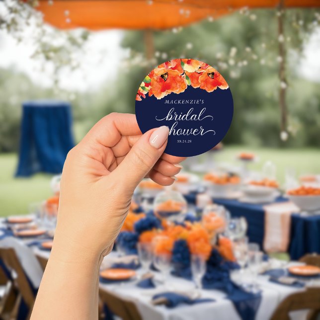 Sticker Rond Elégante Marine Blue Golden Poppy Fête des mariées (Elegant Navy Blue Golden Poppy Bridal Shower Classic Round Sticker)