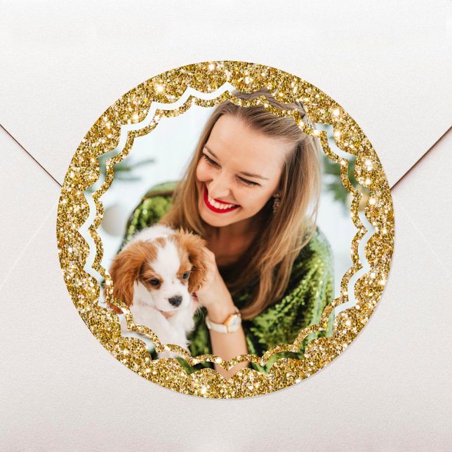 Sticker Rond Élégante Noël Photo personnalisée Gold Faux Partie (Créateur téléchargé)