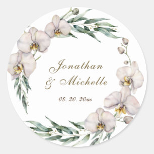 Sticker Rond Elégante Orchidées Blanches Verdure Floral Mariage