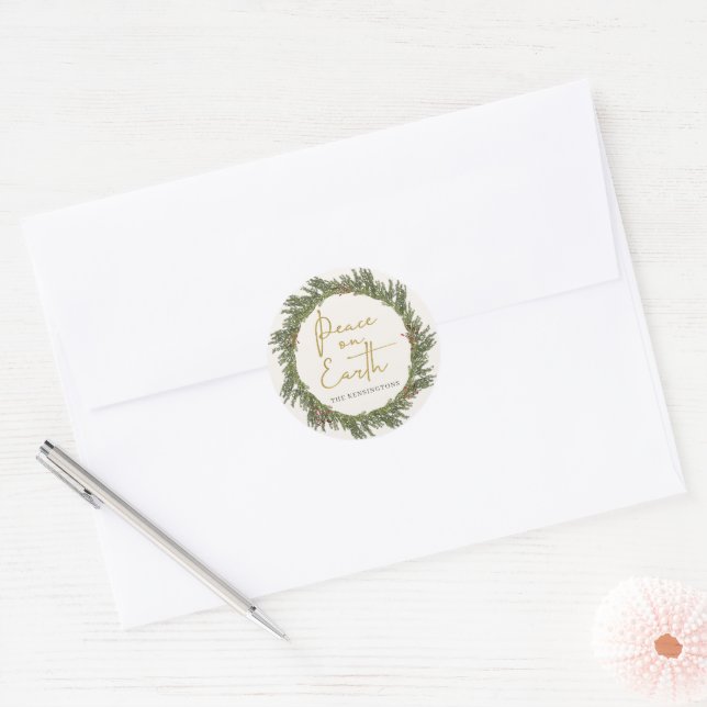Sticker Rond Élégante paix rustique sur Terre couronne de Noël (Enveloppe)