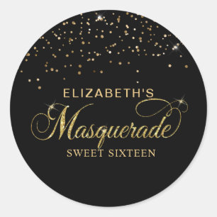 Sticker Rond Elégante Parties scintillant noire et or Masquerad