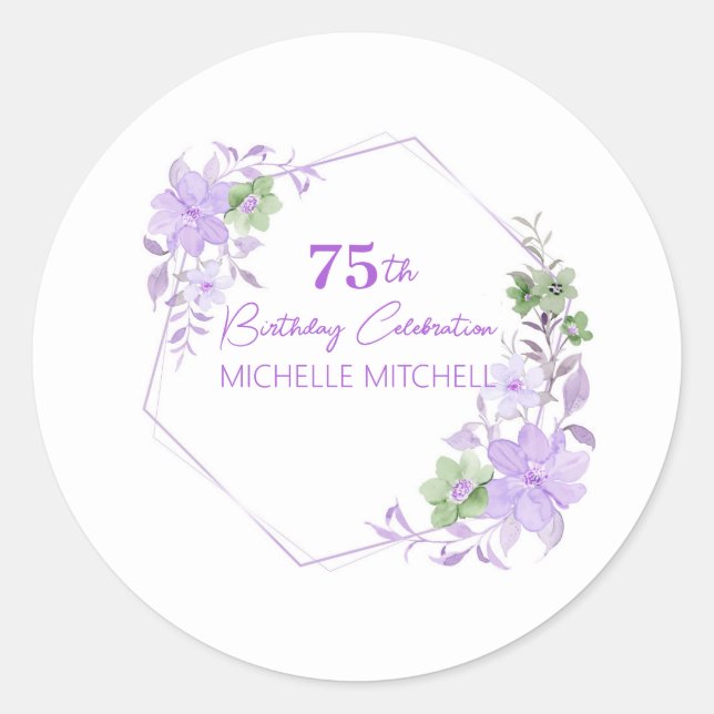 Sticker Rond Élégante Personnalisation 75e Anniversaire Lavande (Devant)