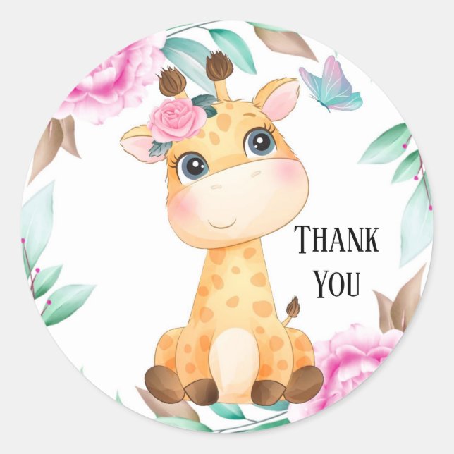 Sticker Rond Elégante pivoine rose et un Merci de girafe mignon (Devant)