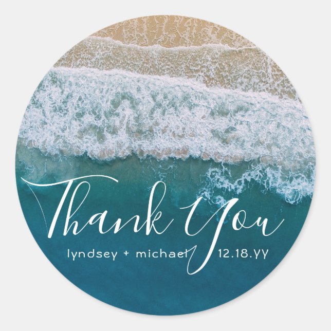 Sticker Rond Elégante plage Bleu Océan Merci Mariage Faveur (Devant)