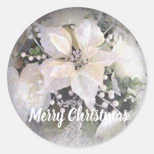 Sticker Rond Elégante Poinsettia de Noël argent et blanc