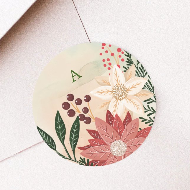 Sticker Rond Elégante Poinsettia Monogram Aquarelle de vacances (Créateur téléchargé)