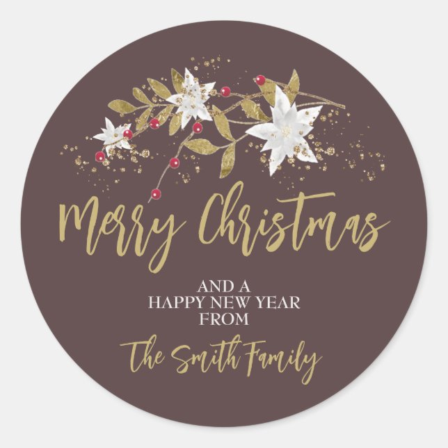 Sticker Rond Élégante Poinsettia traditionnelle Joyeux Noël (Devant)