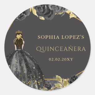 Sticker Rond Élégante princesse florale d'or noir Quinceanera
