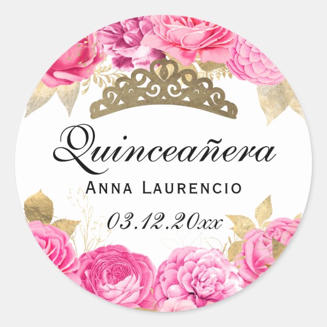 Sticker Rond Élégante Quinceanera Florale Rose Chaud (Devant)