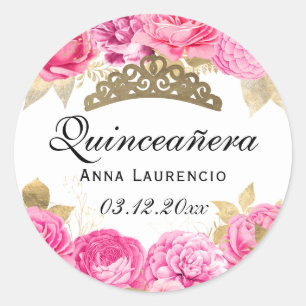 Sticker Rond Élégante Quinceanera Florale Rose Chaud