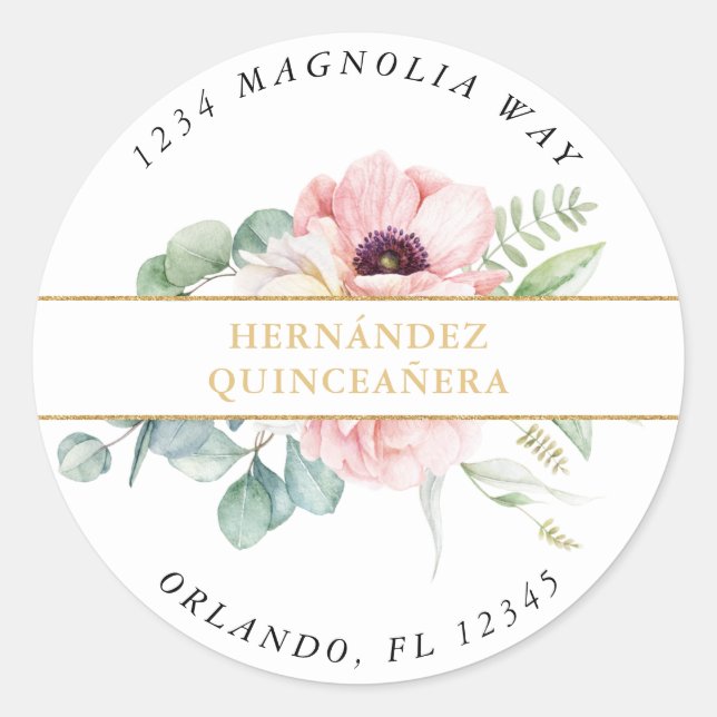 Sticker Rond Elégante Quinceañera rose & or (Devant)