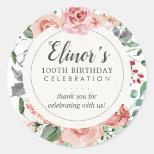 Sticker Rond Élégante Rose rose florale 100e anniversaire Merci