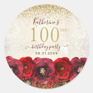 Sticker Rond Élégante Rose rouge Floral Or 100e fête d'annivers