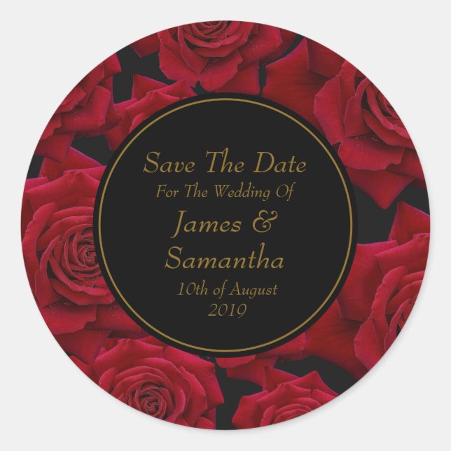 Sticker Rond Élégante Rose Rouge - Mariage Enregistrer La Date (Devant)