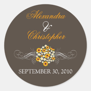 Sticker Rond Elégante Sunflower Daisy Bouquet Bride & Groom