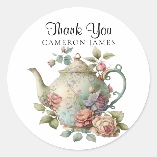 Sticker Rond Elégante Teapot Aquarelle Floral Tea Party (Devant)