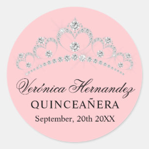 Sticker Rond Elégante Tiara rose espagnol Quinceañera Quince