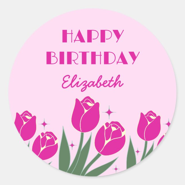 Sticker Rond Elégante Tulipe rétro Floral Rose Anniversaire (Devant)