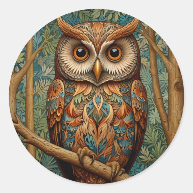 Sticker Rond Élégante végétation forestière de hibou rétro (Devant)