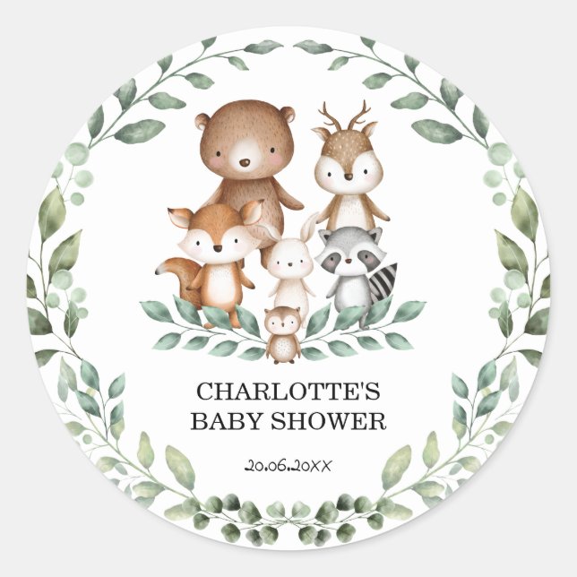 Sticker Rond Élégante verdure des bois Baby shower animal Favor (Devant)