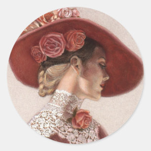 Sticker Rond Elégante Victorian Lady Fine Art Casquette Rose Vi