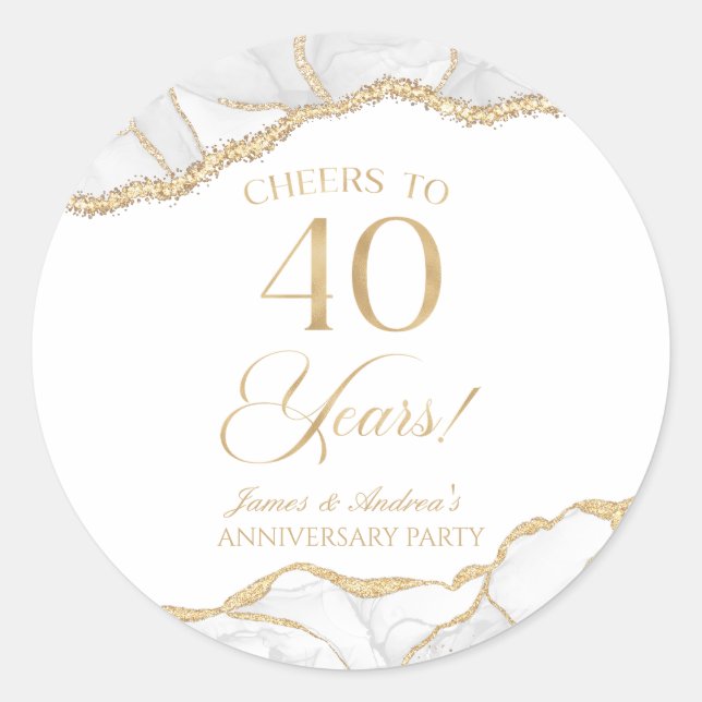 Sticker Rond Elégante White Gold Agate 40e Anniversaire Party (Devant)